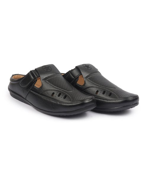 Shop FAUSTO Men Black Back Open Perforated Breathable Casual Sandal With Cushioned Footbed|Adujstable Strap Stitched Slip On Sandal For Work|Evening Online.