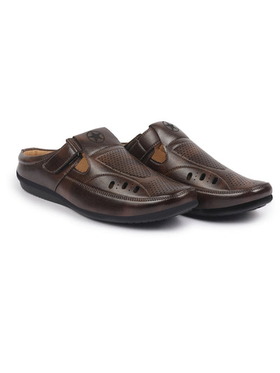 Shop FAUSTO Men Brown Back Open Perforated Breathable Casual Sandal With Cushioned Footbed|Adujstable Strap Stitched Slip On Sandal For Work|Evening Online.