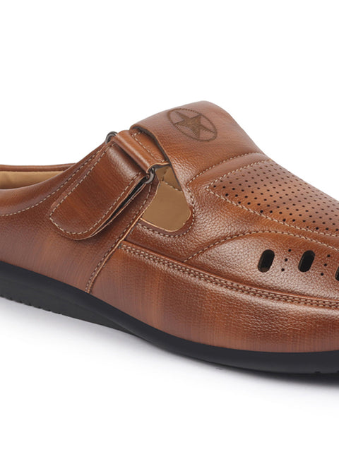 Shop FAUSTO Men Tan Back Open Perforated Breathable Casual Sandal With Cushioned Footbed|Adujstable Strap Stitched Slip On Sandal For Work|Evening Online.