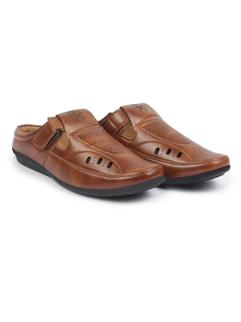Shop FAUSTO Men Tan Back Open Perforated Breathable Casual Sandal With Cushioned Footbed|Adujstable Strap Stitched Slip On Sandal For Work|Evening Online.
