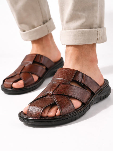 Men Brown Genuine Leather Multi Strap Closed Toe Broad Feet Slip On Slippers with Adjustable Strap|Fishermen Sandals with Cushioned Footbed For Comfort|Anti Skid Lightweight Sole