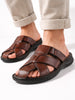 Men Brown Genuine Leather Multi Strap Closed Toe Broad Feet Slip On Slippers with Adjustable Strap|Fishermen Sandals with Cushioned Footbed For Comfort|Anti Skid Lightweight Sole