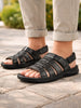 Men Black Genuine Leather Multi Strap Open Toe Broad Feet Roman Sandals with Adjustable Back Strap|All Day Comfort with Cushioned Footbed|Slip Resistant Lightweight Sole