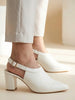 Women White Pointed Toe Block Heel Adjustable Backstrap Shoe Style Sandals|Soft Padded Insole|Semi Formal Outfit Sandals