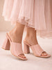 Women Pink Open Square Toe Cone Block Heel Formal Slip On Sandals with Wide Vamp Strap | Elegant Slip-On 4 Inch Heel Sandals For Office, Work, Party