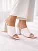 Women White Open Square Toe Cone Block Heel Formal Slip On Sandals with Wide Vamp Strap | Elegant Slip-On 4 Inch Heel Sandals For Office, Work, Party