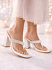 Women White T-Strap Block Heel Wedding Sandals with Shimmering Strap | Party-Ready 3 Inch Heel Slip-On Sandal | Glossy Finish for Evening Elegance