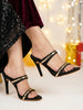 Women Black Transparent Stiletto Heels Party Sandals with Gold Chain Detail | Glam Slip-On Open Toe Dress 4.5 Inch High Heel Sandal for Wedding, Special Ocassion
