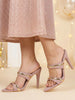 Women Pink Transparent Stiletto Heels Party Sandals with Gold Chain Detail | Glam Slip-On Open Toe Dress 4.5 Inch High Heel Sandal for Wedding, Special Ocassion