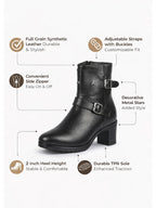 Women High Top Side Zipper Platform Flared Heel Formal Boot Mid Ankle Double Strap Monk Chelsea Boots