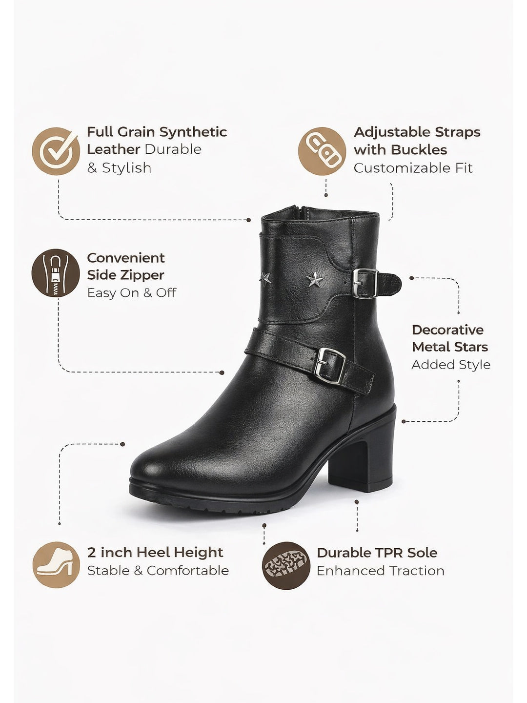 Women High Top Side Zipper Platform Flared Heel Formal Boot Mid Ankle Double Strap Monk Chelsea Boots