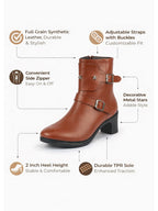 Women High Top Side Zipper Platform Flared Heel Formal Boot Mid Ankle Double Strap Monk Chelsea Boots