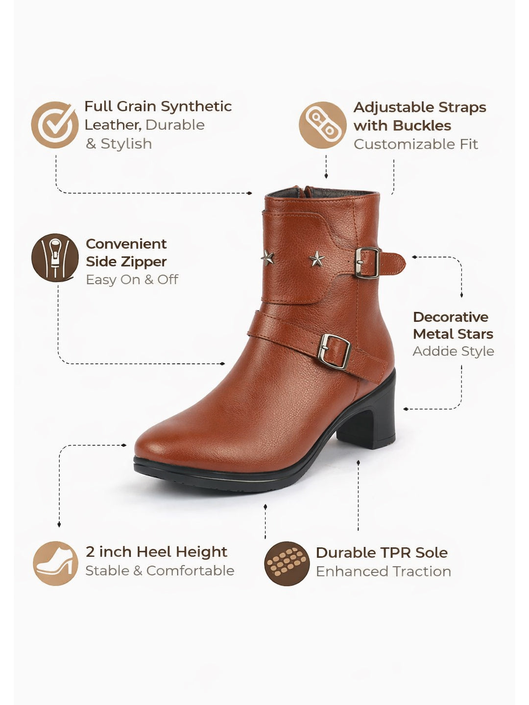 Women High Top Side Zipper Platform Flared Heel Formal Boot Mid Ankle Double Strap Monk Chelsea Boots