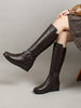 Women Black Knee Length Criss Cross Adjustable Strap Pointed Toe Flared Heel Side Zipper Closure Winter Boots