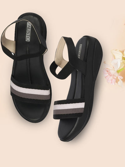 Women Black Open Toe Multi Color Strap Platform Woven Design Slip On Sandals