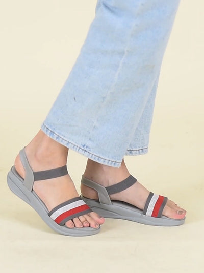 Women Grey Open Toe Multi Color Strap Platform Woven Design Slip On Sandals