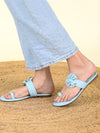 Women Sky Blue Bow Design Toe Ring Slip On Flats Slippers