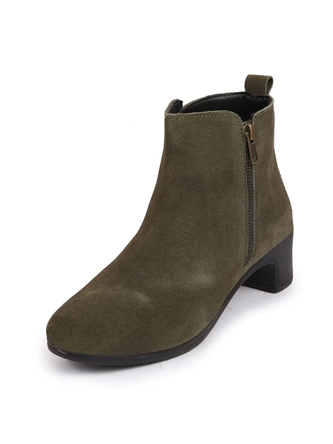Women Olive Flared Heel Mid Top Suede Leather Zipper Closure Winter Chelsea Boots