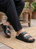 Men Black Open Toe Broad Feet Double Adjustable Strap Ethnic Kurta Slip On Sandals|Anti-Skid Sole Slippers|Memory Cushion Insole