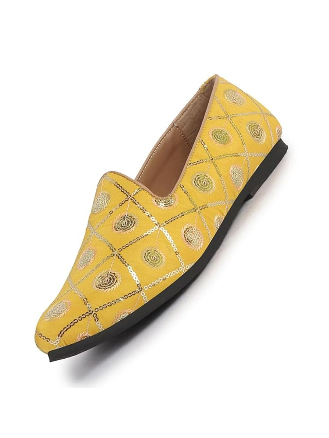 Men Yellow Traditional Sequin Ethnic Slip On Juttis and Mojaris for Wedding|9 Colors|1-14UK Small Plus Sizes|Traditional Kurtas & Sherwani Shoe