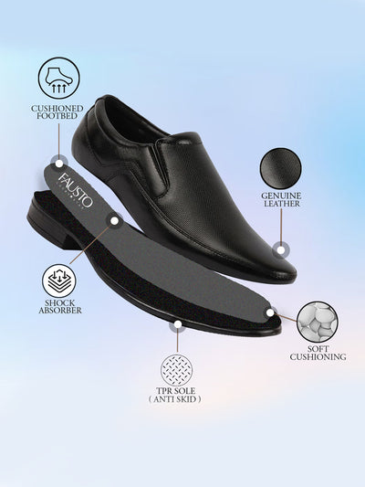 Men Black Genuine Leather Textured Formal Dress Slip On Shoes For Office|Work|Loafer|Half Shoes|Cut Shoe
