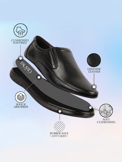 Men Black Genuine Leather Textured Formal Slip On Flat Heel Shoes For Office|Work|Broad Feet Formal Shoes