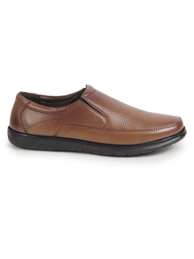 Shop Men Tan Genuine Leather Textured Formal Slip On Flat Heel Shoes For Office|Work|Broad Feet Formal Shoes Online.