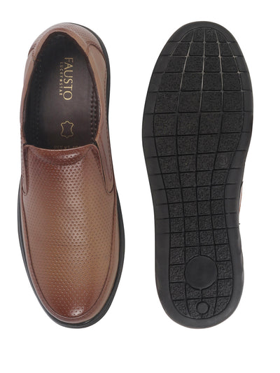 Shop Men Tan Genuine Leather Textured Formal Slip On Flat Heel Shoes For Office|Work|Broad Feet Formal Shoes Online.