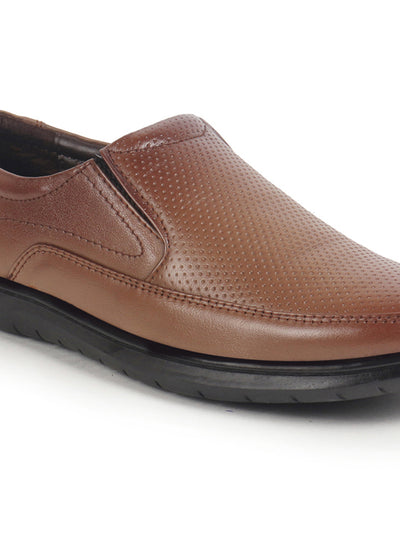 Shop Men Tan Genuine Leather Textured Formal Slip On Flat Heel Shoes For Office|Work|Broad Feet Formal Shoes Online.