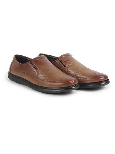 Shop Men Tan Genuine Leather Textured Formal Slip On Flat Heel Shoes For Office|Work|Broad Feet Formal Shoes Online.