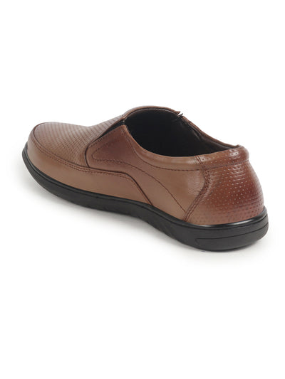 Shop Men Tan Genuine Leather Textured Formal Slip On Flat Heel Shoes For Office|Work|Broad Feet Formal Shoes Online.