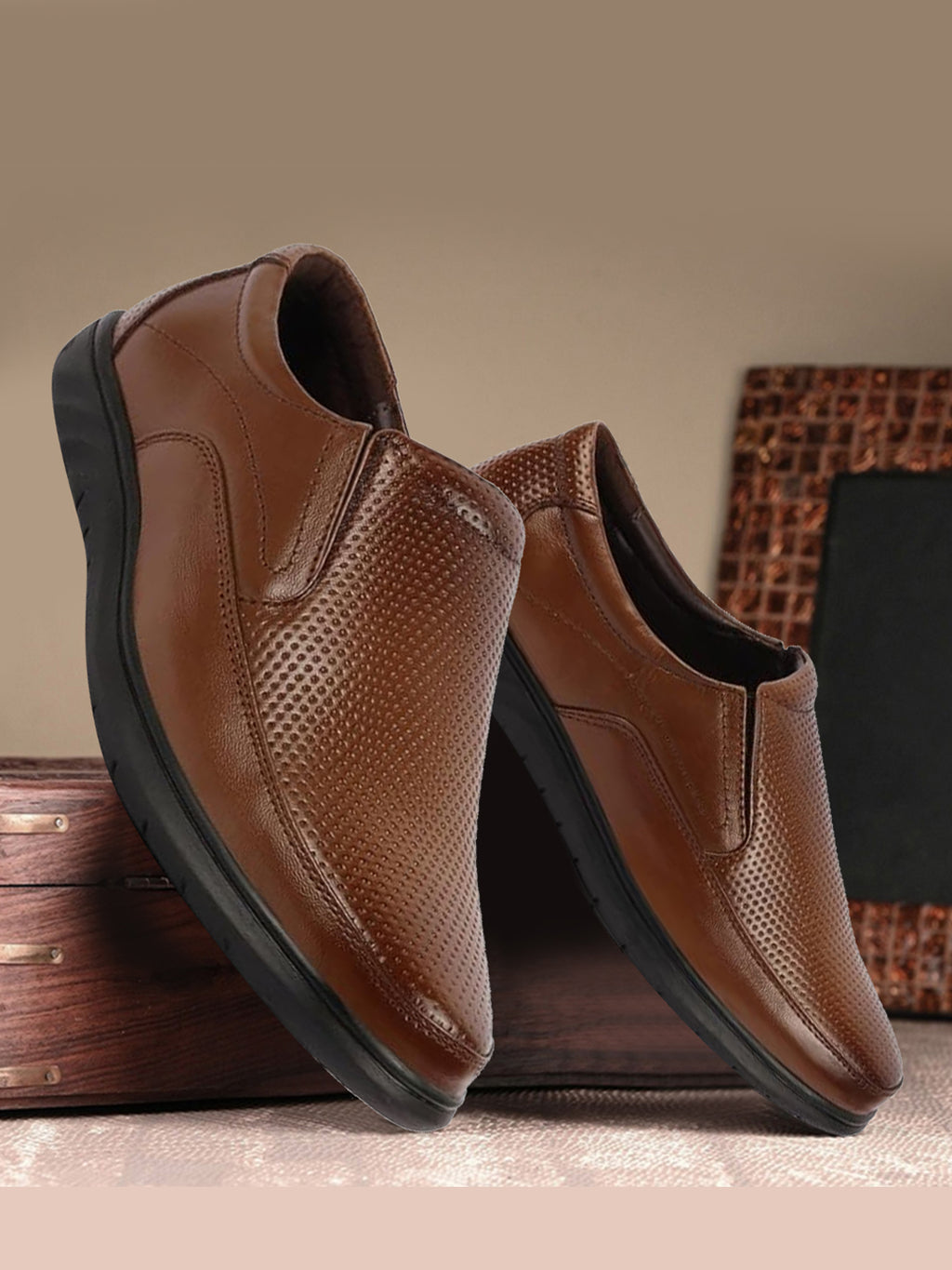 shop men tan genuine leather textured formal slip on flat heel shoes for office work broad feet formal shoes online.