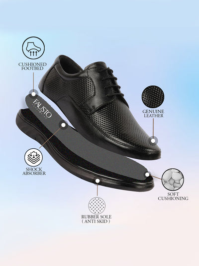 Men Black Genuine Leather Textured Formal Lace Up Flat Heel Shoes For Office|Work|Broad Feet Formal Shoes