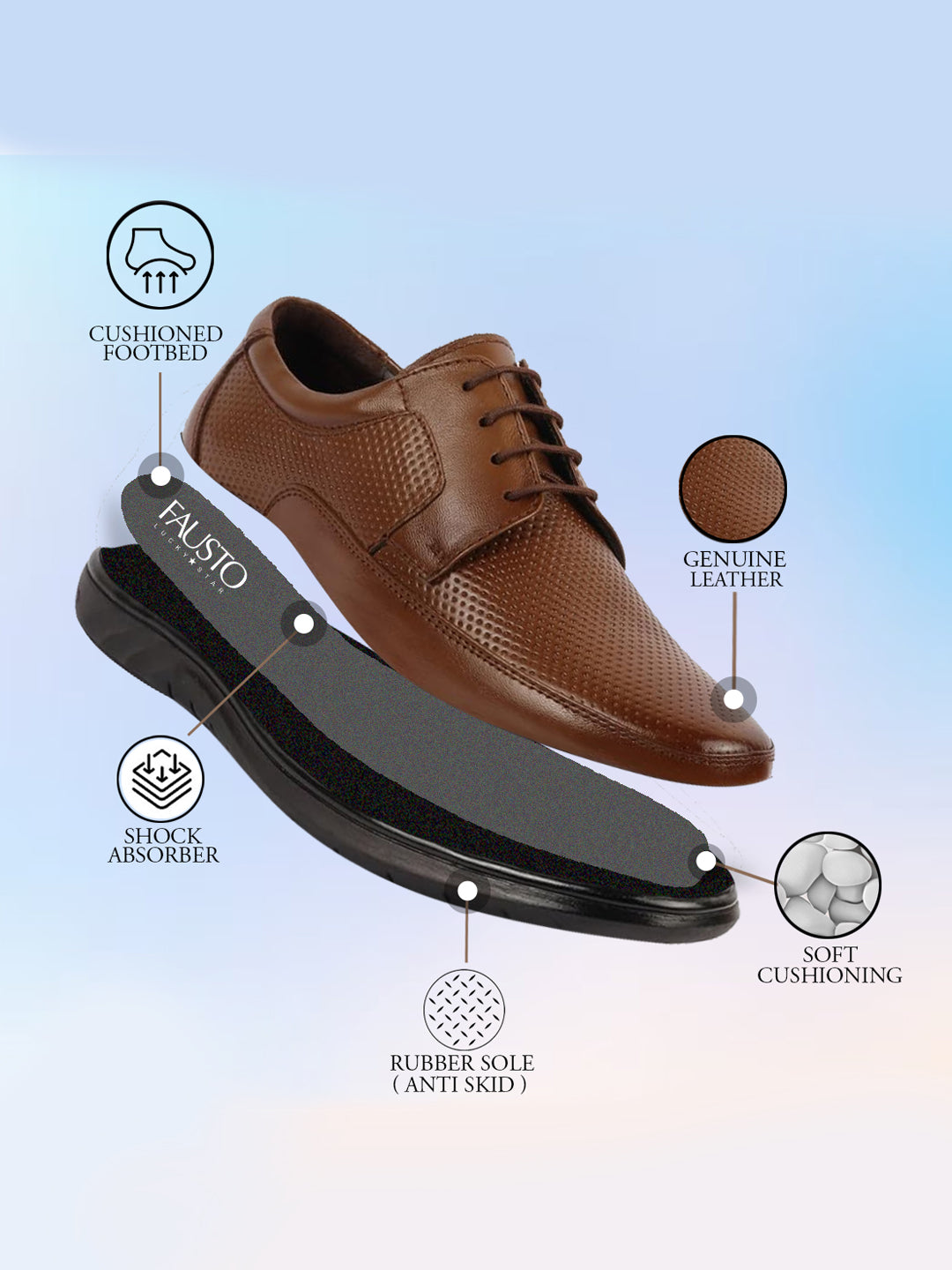 men tan genuine leather textured formal lace up flat heel shoes for office|work|broad feet formal shoes