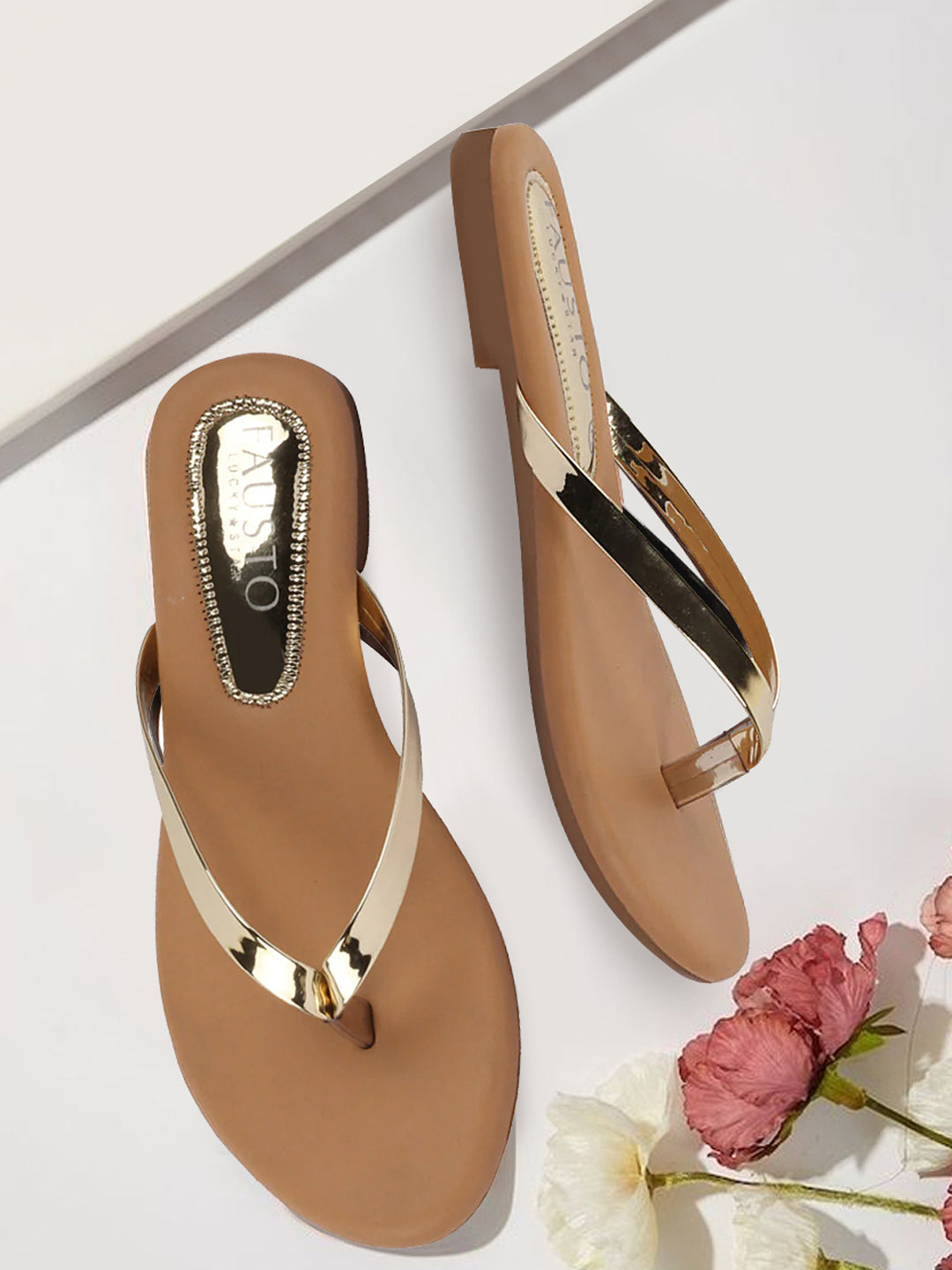 Women Gold Shiny Sleek T-Strap Slipper With Cushioned Footbed|Flat Slipper  For Party|Office Wear|Weekend