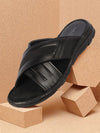 Men Black Genuine Leather Cross Strap Open Toe Suede Leather Insole Slippers