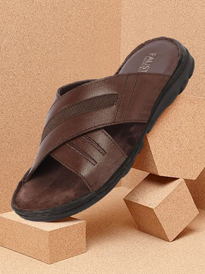 Men Brown Genuine Leather Cross Strap Open Toe Suede Leather Insole Slippers