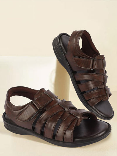 Men Brown Multi Cross Strap Broad Feet Open Toe Casual Dress Sandals