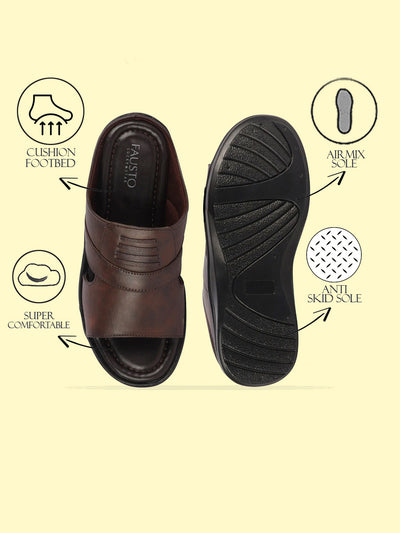 Men Brown Daily Indoor Outdoor Comfort Stitched Design Open Toe Slip On Slipper