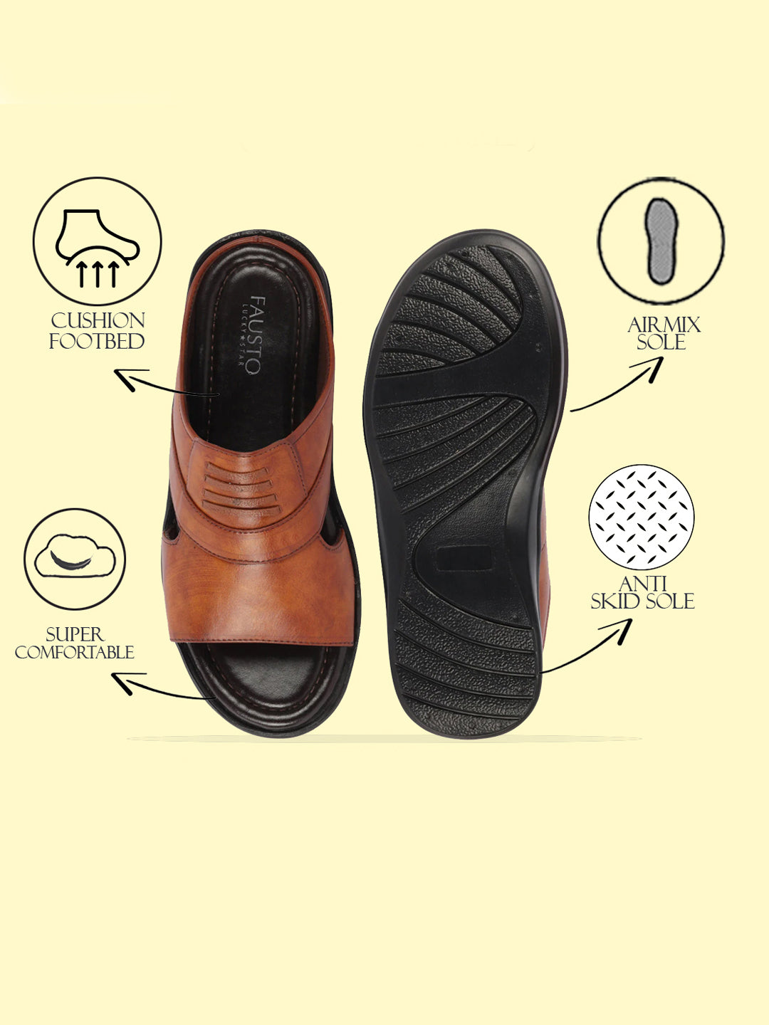men tan daily indoor outdoor comfort stitched design open toe slip on slipper