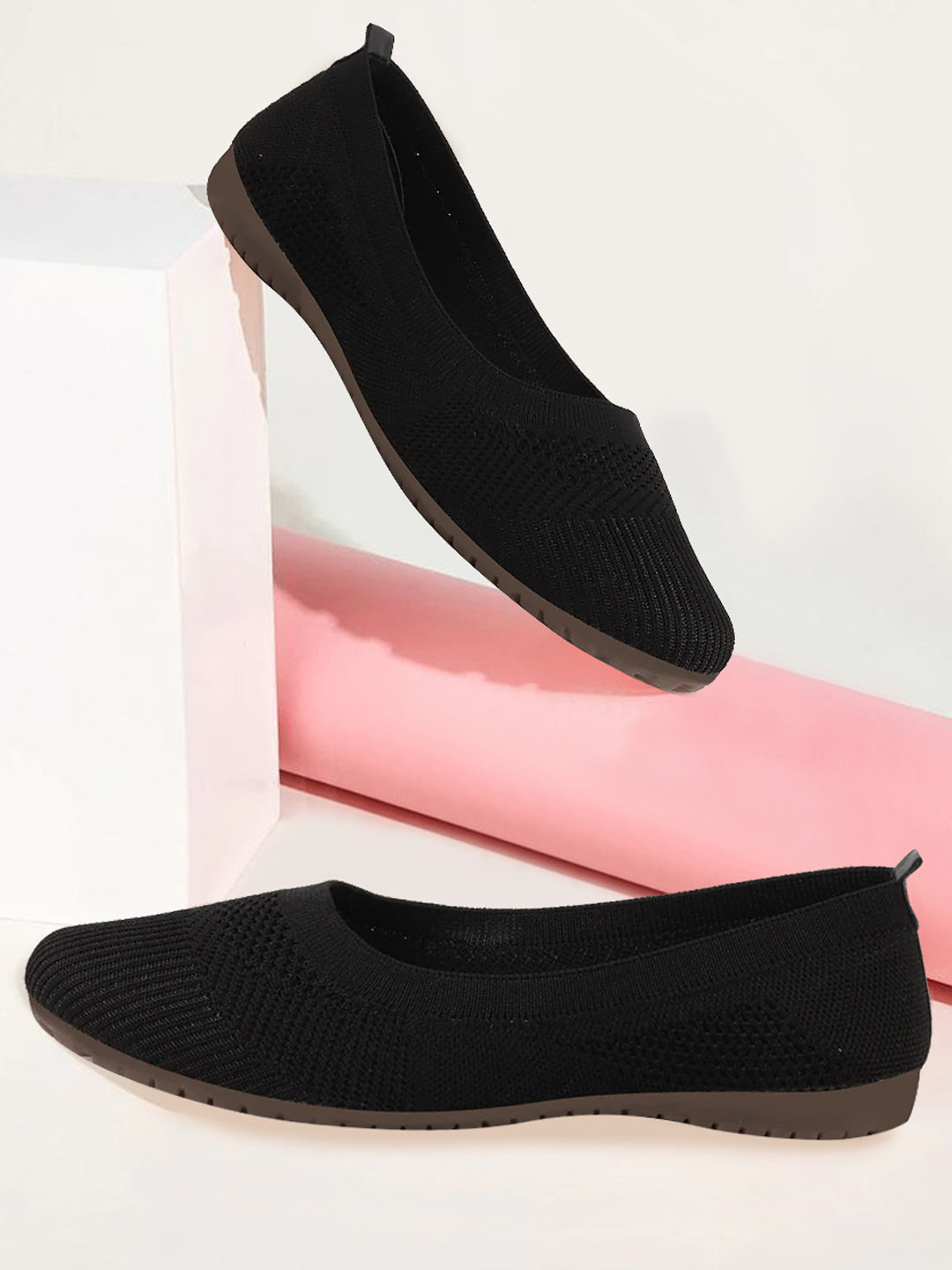 Shop Women Black Athleisure Active Wear Knitted Soft Fabric Slip On Flat Ballerina Shoes For Walking Online.