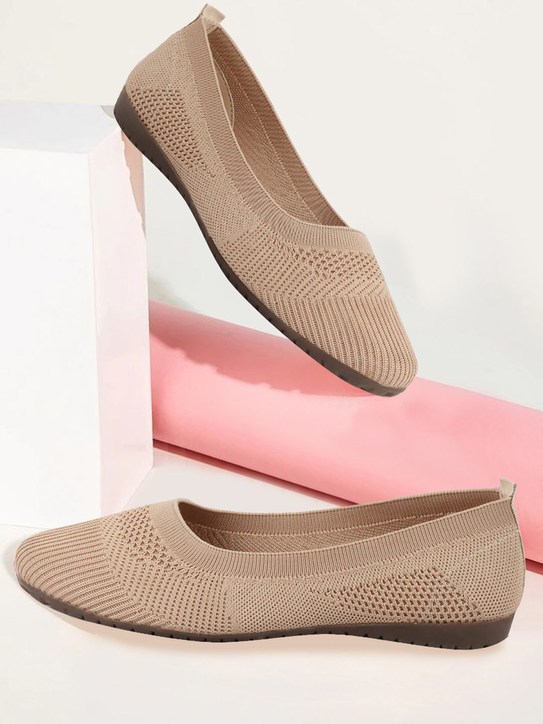 Women Cream Athleisure Active Wear Knitted Soft Fabric Slip On Flat  Ballerina Shoes For Walking