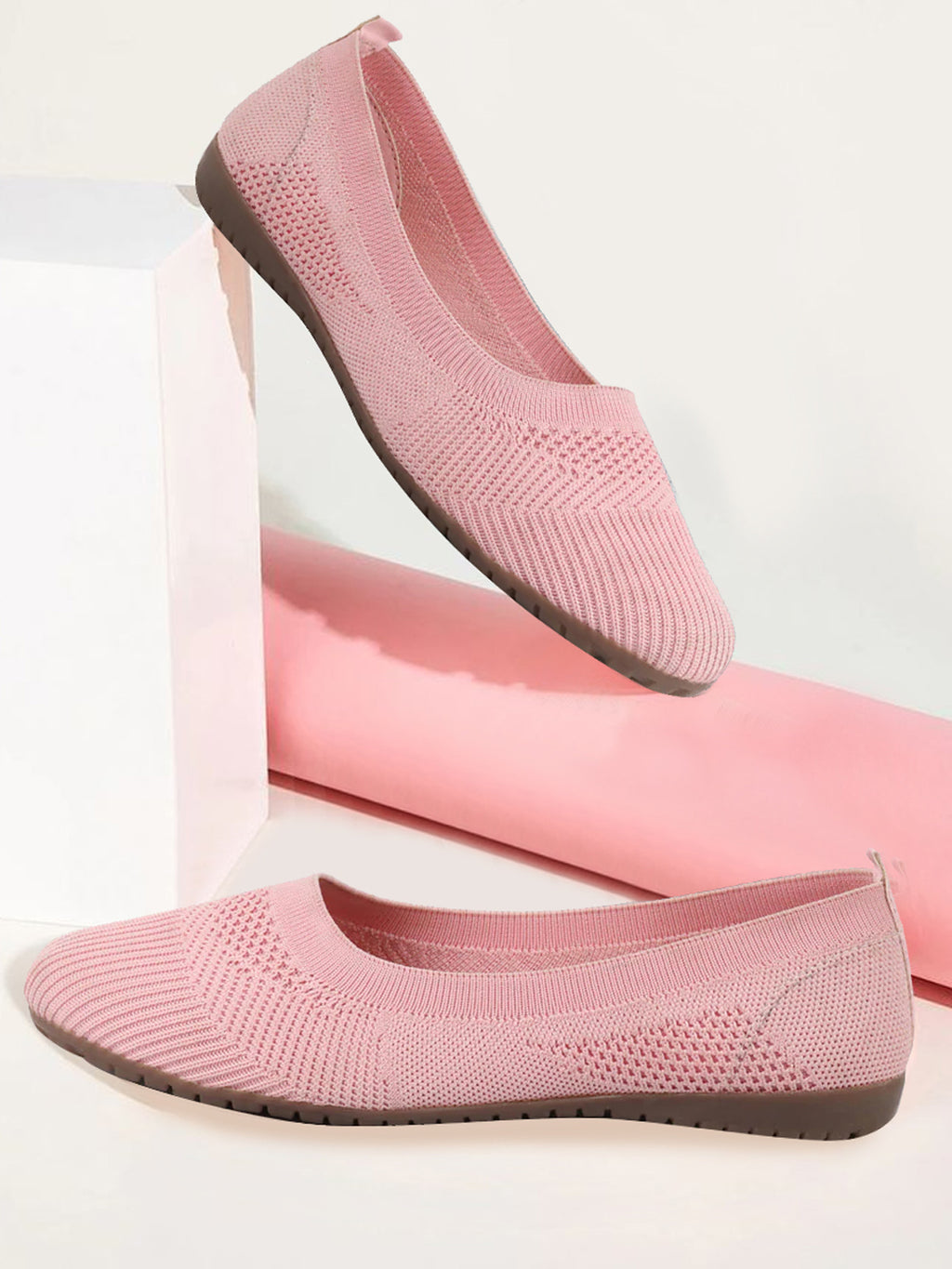 Shop Women Nude Pink Athleisure Active Wear Knitted Soft Fabric Slip On Flat Ballerina Shoes For Walking Online.