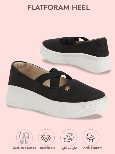 Women Black Elastic Closure Cross Strap Denim Slip On Height Enhancer Ballet Styled Shoes