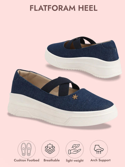 Shop Women Navy Elastic Closure Cross Strap Denim Slip On Height Enhancer Ballet Styled Shoes Online.