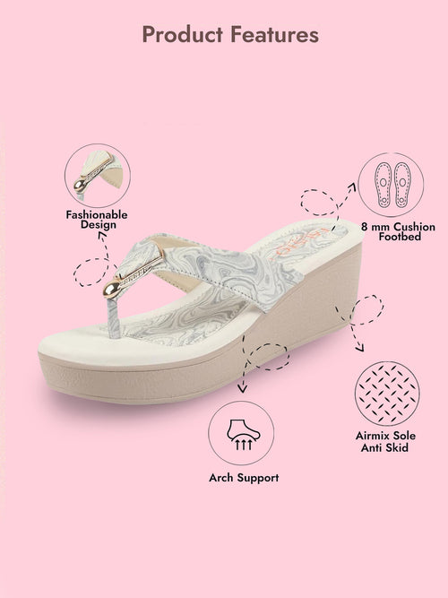 Shop FAUSTO Women Grey Abstract Print Glossy Buckle T Strap Wedge Sandal With Cushioned Footbed|Broad Feet Sandal For Party|Festive|Wedding Online.