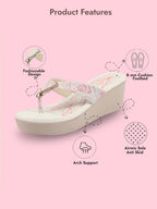 fausto women pink abstract print glossy buckle t strap wedge sandal with cushioned footbed|broad feet sandal for party|festive|wedding