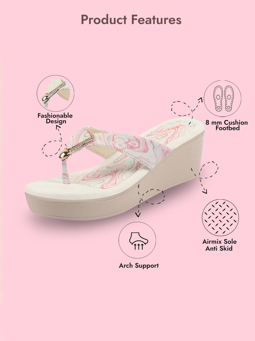 fausto women pink abstract print glossy buckle t strap wedge sandal with cushioned footbed|broad feet sandal for party|festive|wedding