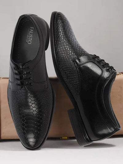 Men Black Leopard Textured Derby Formal Lace Up Shoes For Office|Work|Wedding|Party