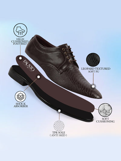 Men Brown Leopard Textured Derby Formal Lace Up Shoes For Office|Work|Wedding|Party